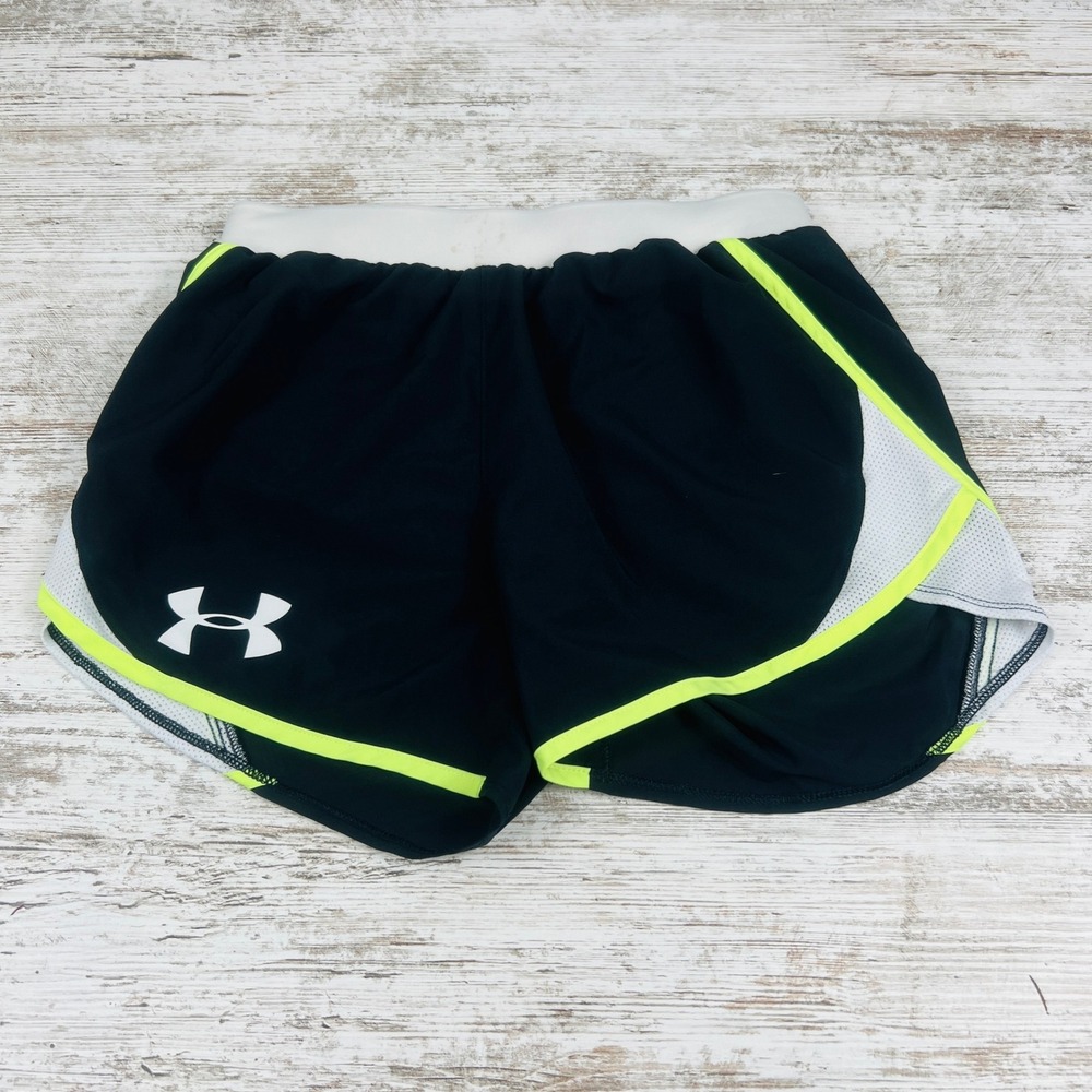Under Armour Fly By 2.0 Running Shorts Womens XS Black White Mesh Neon Yellow